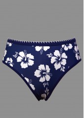 Mid Waisted Floral Print Contrast Binding Navy Bikini Set