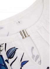 Floral Print Cut Out White Short Sleeve T Shirt