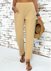 Light Camel Straight Leg Elastic Waist High Waisted Pants