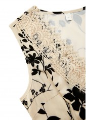 Floral Print Embroidery Beige Sleeveless V Neck Dress