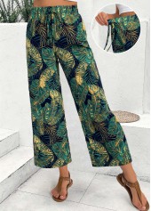 Plants Print Turquoise Wide Leg Elastic Waist Pants
