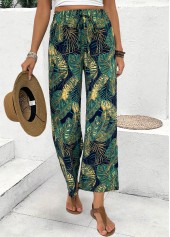 Plants Print Turquoise Wide Leg Elastic Waist Pants
