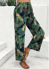 Plants Print Turquoise Wide Leg Elastic Waist Pants