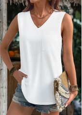 Sleeveless V Neck White Tank Top