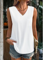 Sleeveless V Neck White Tank Top