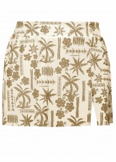 Mid Waisted Tropical Plants Print Ruched Beige Tankini Set