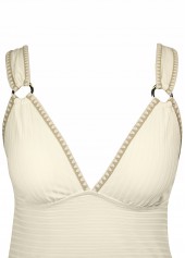 Mid Waisted Tropical Plants Print Ruched Beige Tankini Set