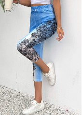 Floral Print Light Blue Skinny Elastic Waist Pants