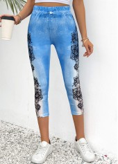 Floral Print Light Blue Skinny Elastic Waist Pants