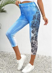Floral Print Light Blue Skinny Elastic Waist Pants