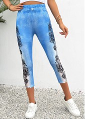 Floral Print Light Blue Skinny Elastic Waist Pants