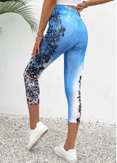 Floral Print Light Blue Skinny Elastic Waist Pants