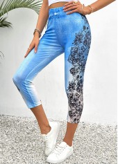 Floral Print Light Blue Skinny Elastic Waist Pants