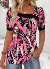 Geometric Print Pink Short Sleeve Asymmetrical Neck T Shirt