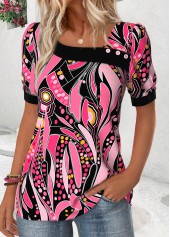 Geometric Print Pink Short Sleeve Asymmetrical Neck T Shirt