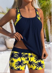 Mid Waisted Tropical Plants Print Navy Tankini Set