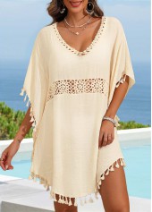 Beige V Neck Tassel Patchwork Cover Up
