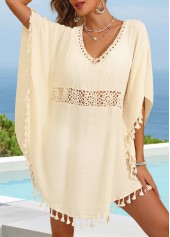Beige V Neck Tassel Patchwork Cover Up
