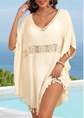 Beige V Neck Tassel Patchwork Cover Up
