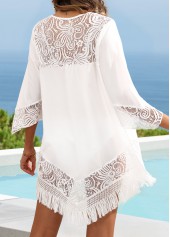 White 3/4 Sleeve Round Neck Fringe Cover Up