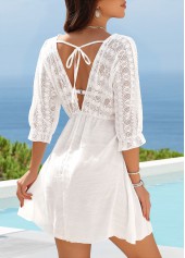 White V Neck Tie Patchwork Cover Up