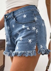 Star Print Denim Blue Button Fly High Waisted Shorts
