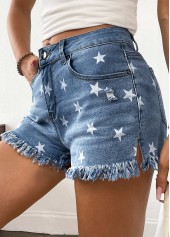 Star Print Denim Blue Button Fly High Waisted Shorts
