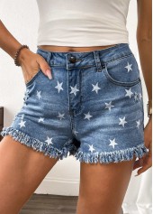 Star Print Denim Blue Button Fly High Waisted Shorts