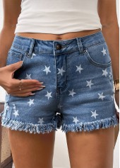 Star Print Denim Blue Button Fly High Waisted Shorts