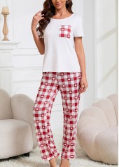 Plaid Wine Red Round Neck Lounge Top and Pants