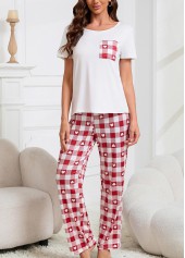 Plaid Wine Red Round Neck Lounge Top and Pants
