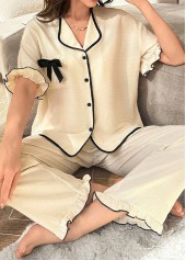 Beige Turn Down Collar Lounge Top and Pants