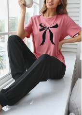 Pink Round Neck Short Sleeve Lounge Top and Pants