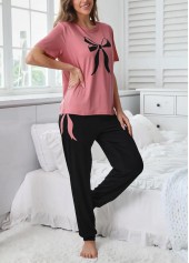 Pink Round Neck Short Sleeve Lounge Top and Pants