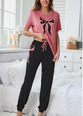 Pink Round Neck Short Sleeve Lounge Top and Pants