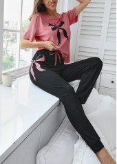 Pink Round Neck Short Sleeve Lounge Top and Pants