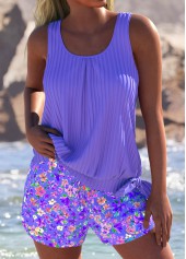 Mid Waisted Ditsy Floral Print Light Purple Tankini Set