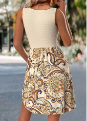 Paisley Print Beige Short Sleeveless Round Neck Dress
