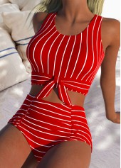 High Waisted Striped Red Bikini Set
