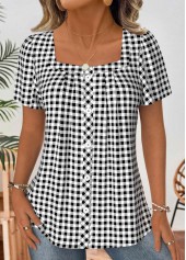 Plaid Black Short Sleeve Square Neck Blouse