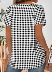 Plaid Black Short Sleeve Square Neck Blouse