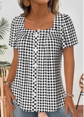 Plaid Black Short Sleeve Square Neck Blouse