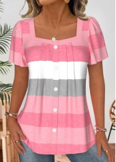 Striped Light Pink Short Sleeve Square Neck Blouse