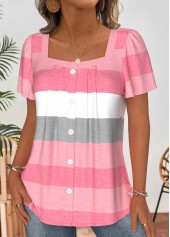 Striped Light Pink Short Sleeve Square Neck Blouse