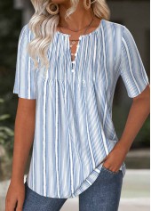 Striped Light Blue Short Sleeve Split Neck T Shirt