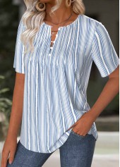 Striped Light Blue Short Sleeve Split Neck T Shirt