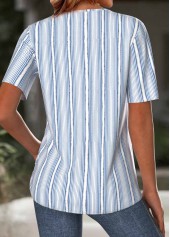 Striped Light Blue Short Sleeve Split Neck T Shirt