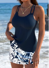 Mid Waisted Tropical Plants Print Navy Tankini Set