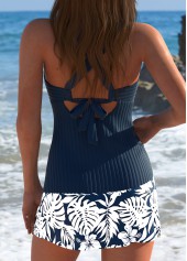Mid Waisted Tropical Plants Print Navy Tankini Set