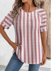 Geometric Print Brick Red Short Sleeve Round Neck Blouse